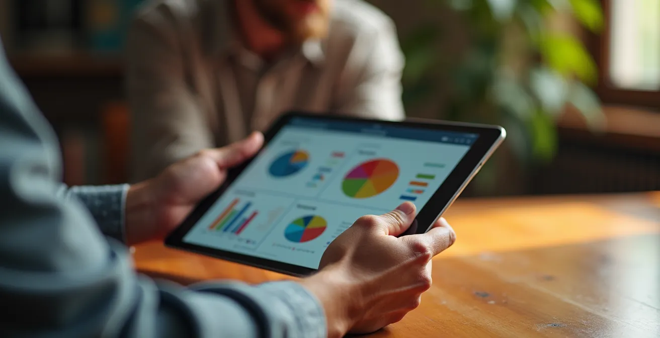 Mains d'agriculteur tenant une tablette montrant des graphiques de rendement lors d'une négociation