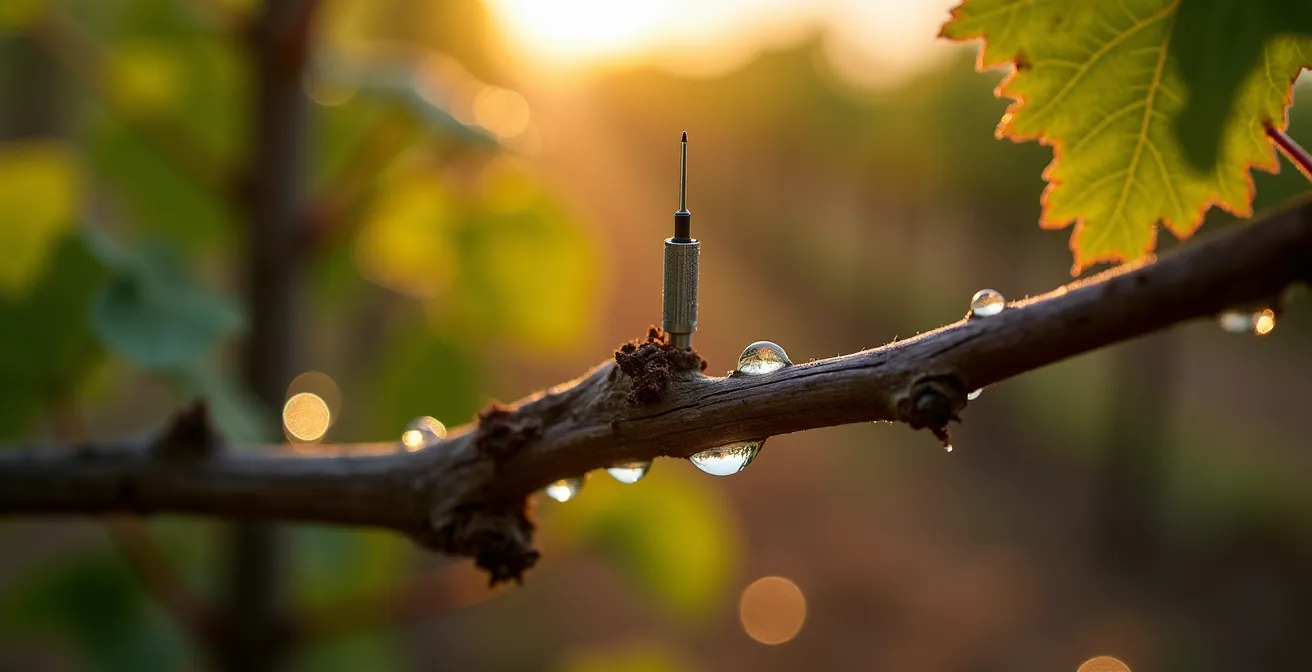 Gros plan sur un capteur de stress hydrique fixé sur un pied de vigne au lever du soleil