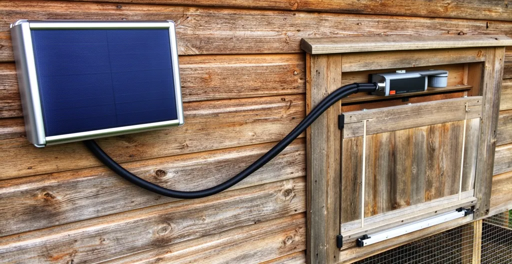 Petit panneau solaire connecté à un portier automatique de poulailler