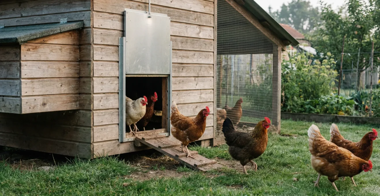 Poules franchissant la trappe automatique d'un poulailler en bois à l'aube