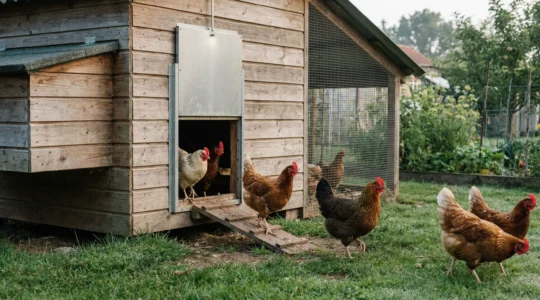 Poules franchissant la trappe automatique d'un poulailler en bois à l'aube