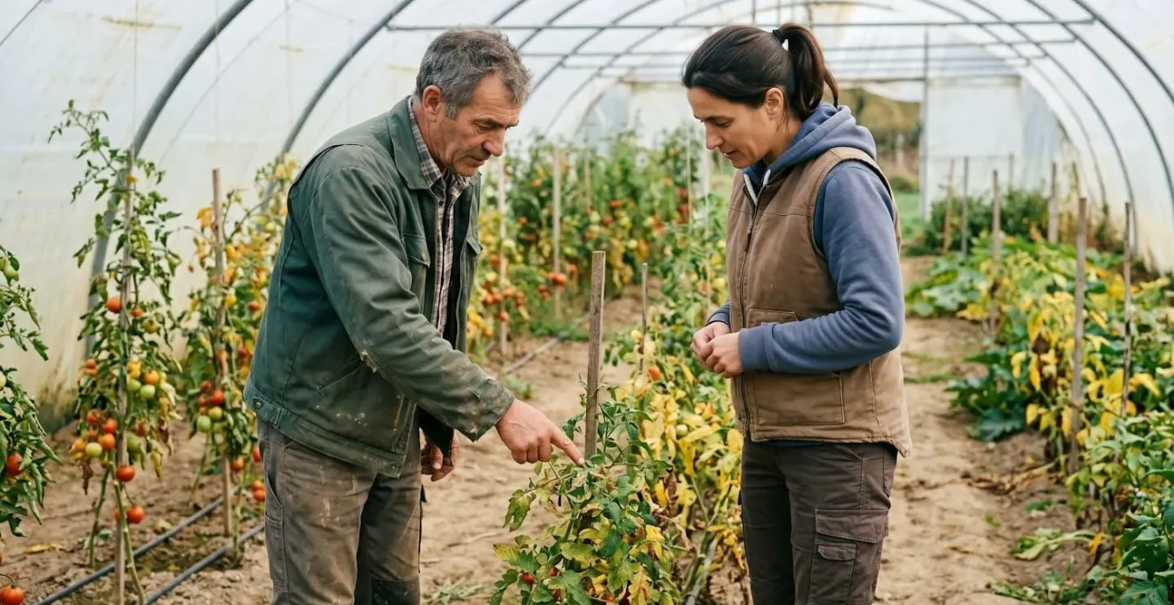 Un conseiller agricole et une exploitante en discussion technique debout dans une culture, l'un pointant un élément précis de la plante pendant que l'autre observe attentivement lors d'un échange de terrain