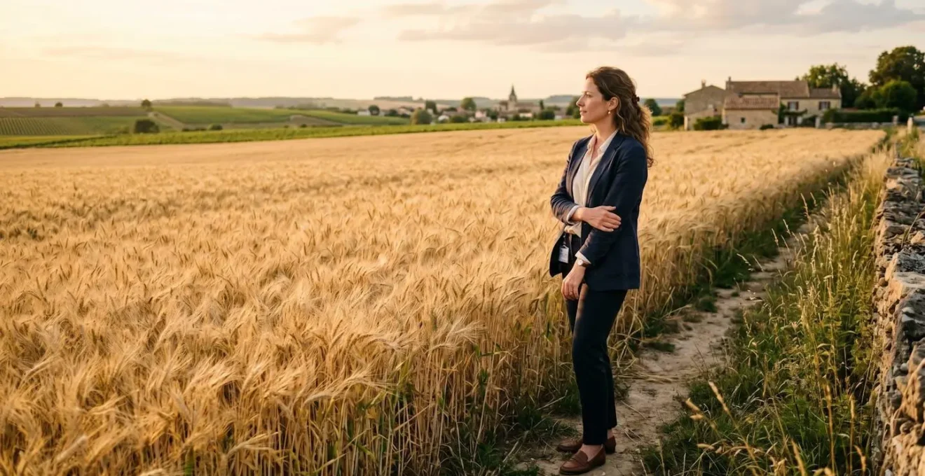 Un responsable de formation en tenue professionnelle observant une exploitation agricole française au lever du soleil