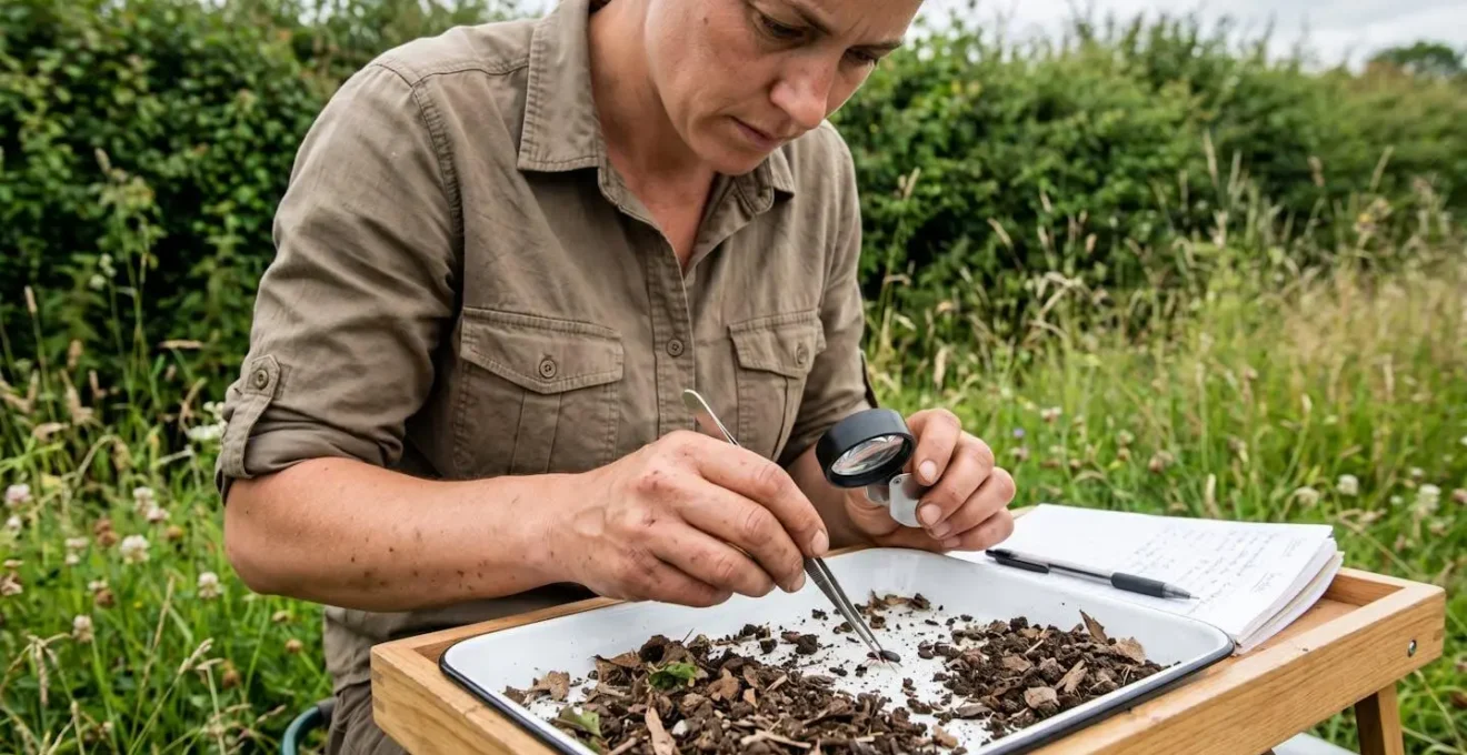 Mains d'un technicien agricole réalisant un diagnostic biodiversité sur le terrain, examinant un échantillon de sol ou un piège à auxiliaires en bordure de parcelle avec végétation dense en arrière-plan
