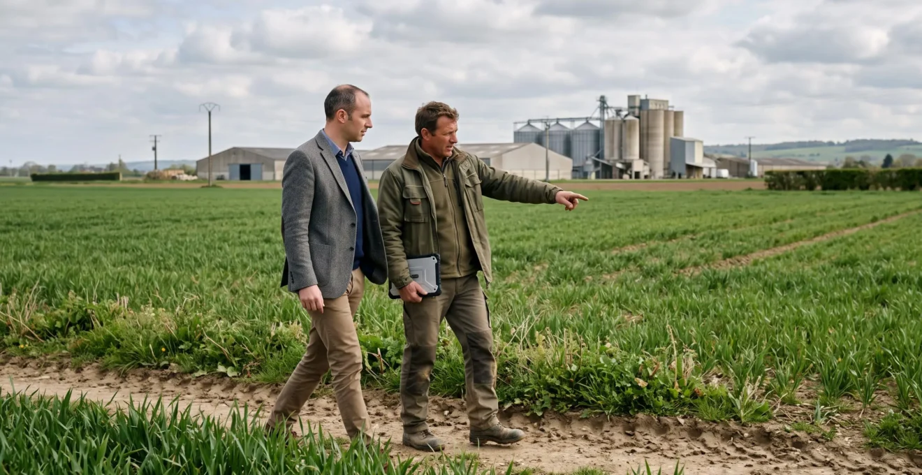 Un consultant et un agronome coopératif marchent en bordure d'un champ de céréales près d'un site agroalimentaire en France.