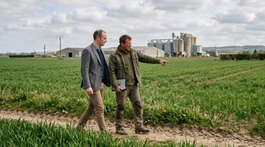 Un consultant et un agronome coopératif marchent en bordure d'un champ de céréales près d'un site agroalimentaire en France.