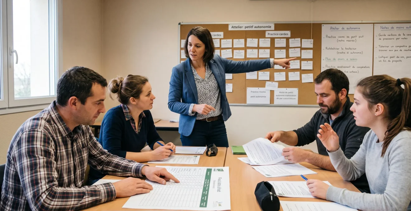 Un animateur guide quatre salariés en atelier de formation autour de fiches de données et d'un tableau de cartes.