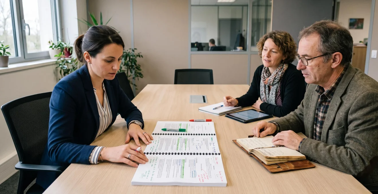 Un responsable de projet compare trois dossiers annotés face à deux consultants aux profils distincts dans un bureau.