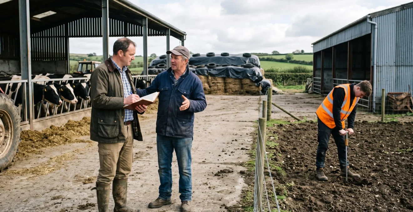 Un consultant mène un entretien de diagnostic avec un agriculteur dans la cour d'une ferme laitière française.